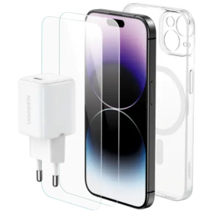 באנדל IPHONE 15 הכולל: מטען 30W + כיסוי MAGSAFE + זוג מגני מסך