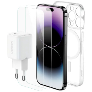 באנדל IPHONE 15 PLUS הכולל: מטען קיר 30W + כיסוי MAGSAFE + זוג מגני מסך